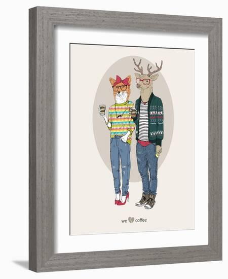 Fox Girl and Deer Boy Hipsters-Olga Angellos-Framed Art Print