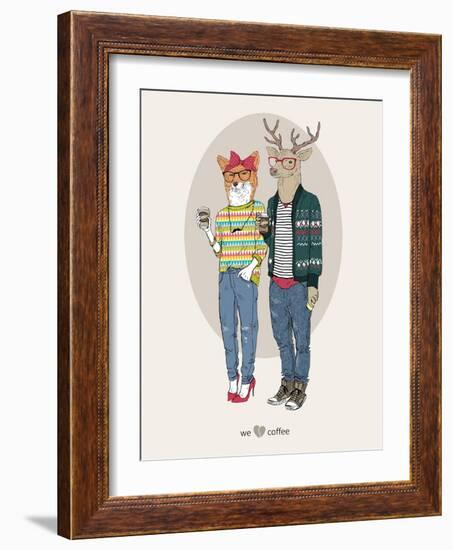 Fox Girl and Deer Boy Hipsters-Olga Angellos-Framed Art Print