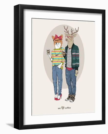 Fox Girl and Deer Boy Hipsters-Olga Angellos-Framed Art Print