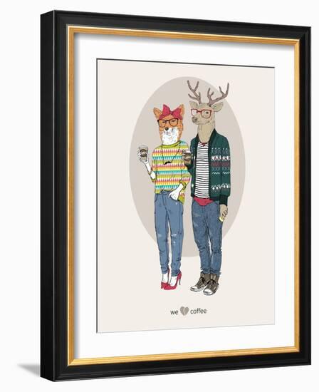 Fox Girl and Deer Boy Hipsters-Olga Angellos-Framed Art Print