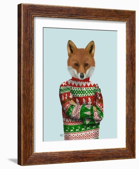 Fox in Christmas Sweater-Fab Funky-Framed Art Print