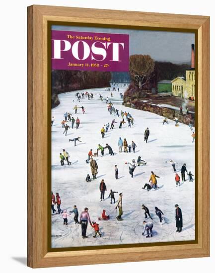 "Fox River Ice-Skating" Saturday Evening Post Cover, January 11, 1958-John Falter-Framed Premier Image Canvas