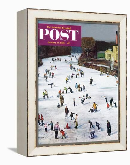 "Fox River Ice-Skating" Saturday Evening Post Cover, January 11, 1958-John Falter-Framed Premier Image Canvas