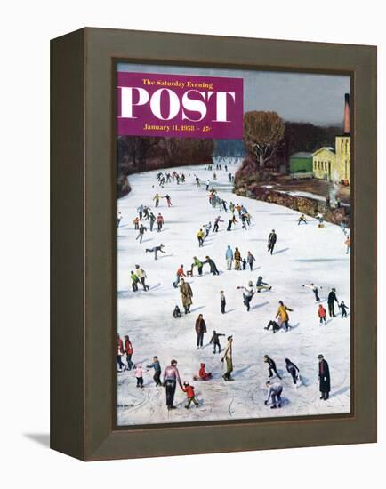 "Fox River Ice-Skating" Saturday Evening Post Cover, January 11, 1958-John Falter-Framed Premier Image Canvas