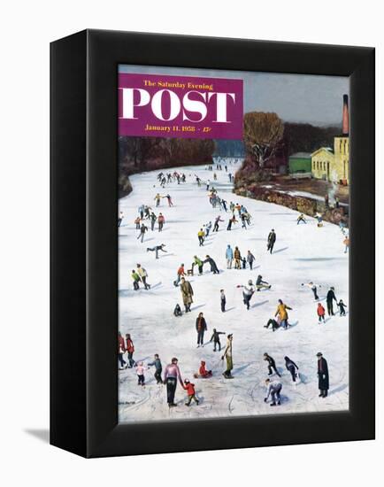 "Fox River Ice-Skating" Saturday Evening Post Cover, January 11, 1958-John Falter-Framed Premier Image Canvas