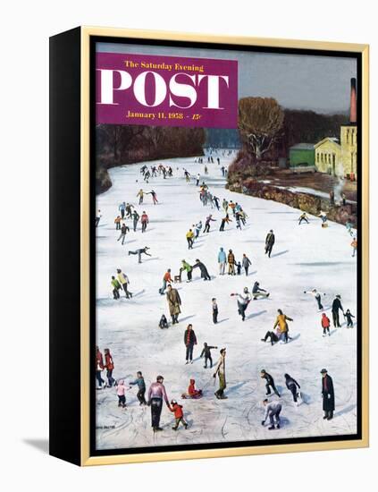 "Fox River Ice-Skating" Saturday Evening Post Cover, January 11, 1958-John Falter-Framed Premier Image Canvas