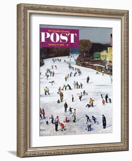 "Fox River Ice-Skating" Saturday Evening Post Cover, January 11, 1958-John Falter-Framed Giclee Print