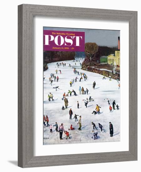 "Fox River Ice-Skating" Saturday Evening Post Cover, January 11, 1958-John Falter-Framed Giclee Print