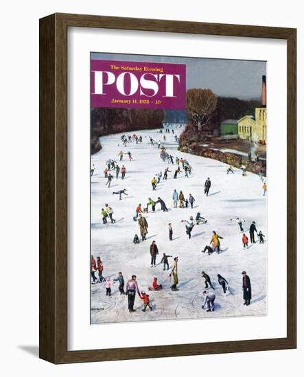 "Fox River Ice-Skating" Saturday Evening Post Cover, January 11, 1958-John Falter-Framed Giclee Print