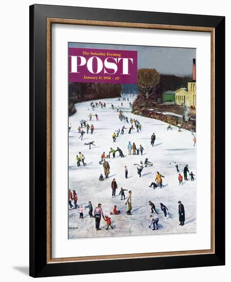 "Fox River Ice-Skating" Saturday Evening Post Cover, January 11, 1958-John Falter-Framed Giclee Print