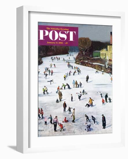 "Fox River Ice-Skating" Saturday Evening Post Cover, January 11, 1958-John Falter-Framed Giclee Print