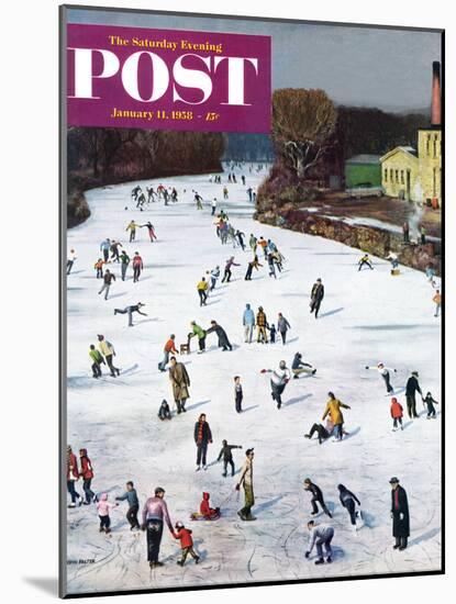 "Fox River Ice-Skating" Saturday Evening Post Cover, January 11, 1958-John Falter-Mounted Giclee Print