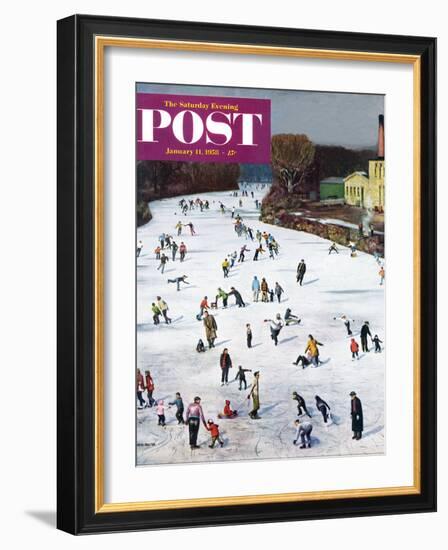 "Fox River Ice-Skating" Saturday Evening Post Cover, January 11, 1958-John Falter-Framed Giclee Print