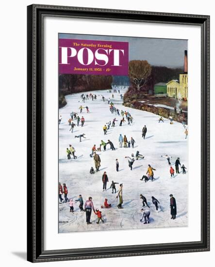 "Fox River Ice-Skating" Saturday Evening Post Cover, January 11, 1958-John Falter-Framed Giclee Print