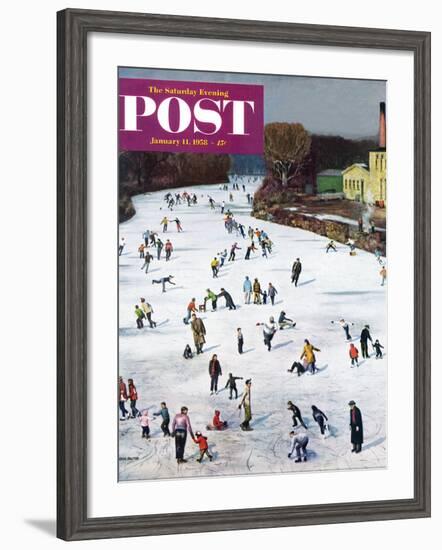 "Fox River Ice-Skating" Saturday Evening Post Cover, January 11, 1958-John Falter-Framed Giclee Print