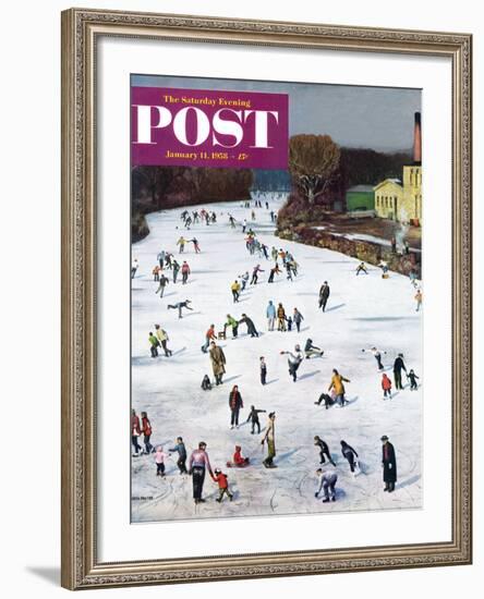 "Fox River Ice-Skating" Saturday Evening Post Cover, January 11, 1958-John Falter-Framed Giclee Print