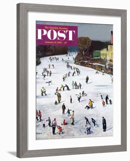 "Fox River Ice-Skating" Saturday Evening Post Cover, January 11, 1958-John Falter-Framed Giclee Print