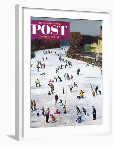 "Fox River Ice-Skating" Saturday Evening Post Cover, January 11, 1958-John Falter-Framed Giclee Print