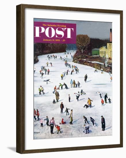 "Fox River Ice-Skating" Saturday Evening Post Cover, January 11, 1958-John Falter-Framed Giclee Print