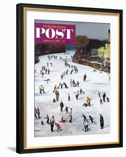 "Fox River Ice-Skating" Saturday Evening Post Cover, January 11, 1958-John Falter-Framed Giclee Print