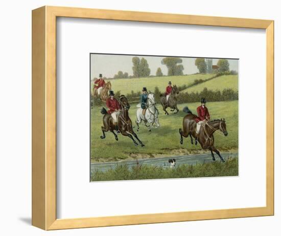 Foxhunters Jump a Stream, a Solitary Hound Swims It-null-Framed Photographic Print