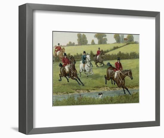 Foxhunters Jump a Stream, a Solitary Hound Swims It-null-Framed Photographic Print