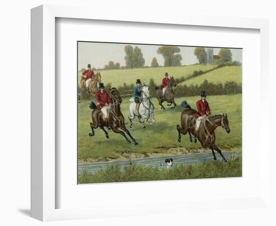 Foxhunters Jump a Stream, a Solitary Hound Swims It-null-Framed Photographic Print