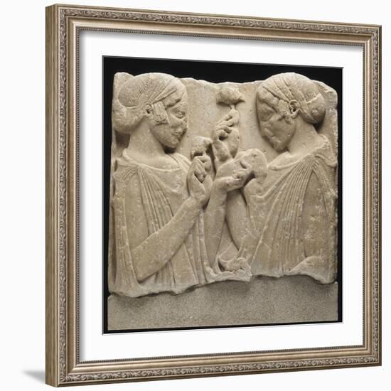 Fragment de stèle funéraire (ou votive) dite de "l'Exaltation à la fleur" (Démeter et Coré ?)-null-Framed Giclee Print