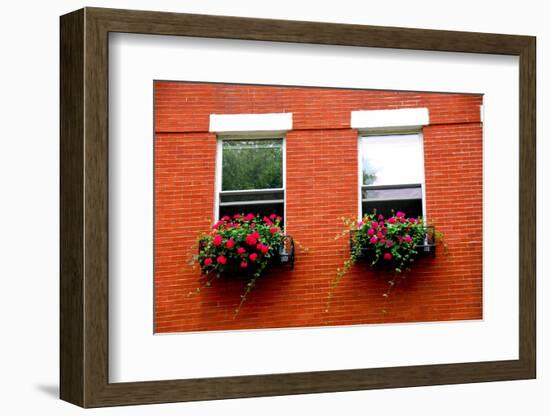 Fragment of a Red Brick House in Boston Historical North End with Wrought Iron Flower Boxes-elenathewise-Framed Photographic Print