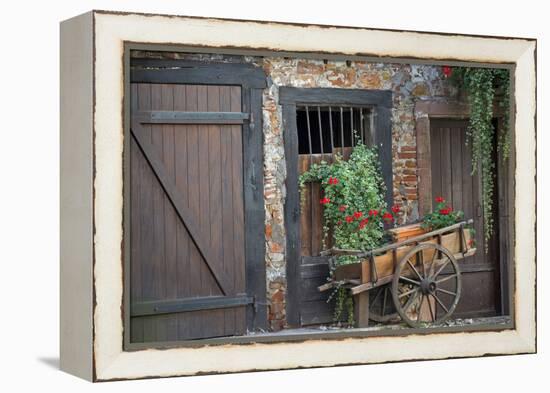 France, Alsace, Colmar. Rustic wooden wagon draped with plants.-Janis Miglavs-Framed Premier Image Canvas