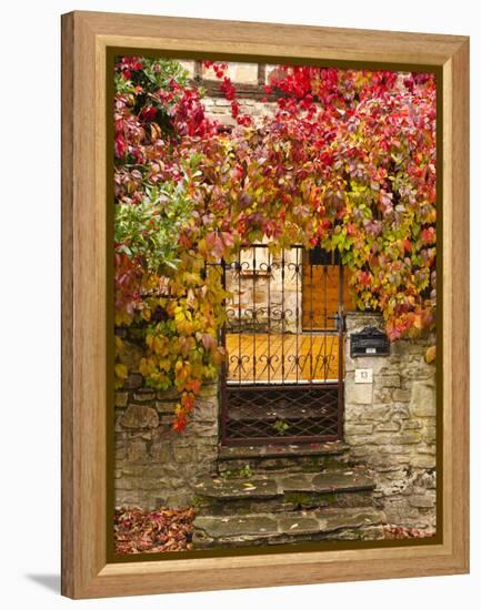 France, Midi-Pyrenees Region, Tarn Department, Cordes-Sur-Ciel, Gate with Autumn Foliage-Walter Bibikow-Framed Premier Image Canvas