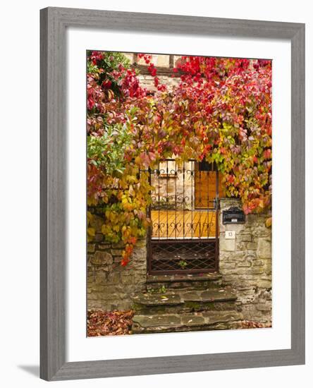 France, Midi-Pyrenees Region, Tarn Department, Cordes-Sur-Ciel, Gate with Autumn Foliage-Walter Bibikow-Framed Photographic Print