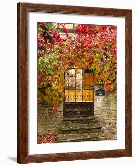 France, Midi-Pyrenees Region, Tarn Department, Cordes-Sur-Ciel, Gate with Autumn Foliage-Walter Bibikow-Framed Photographic Print