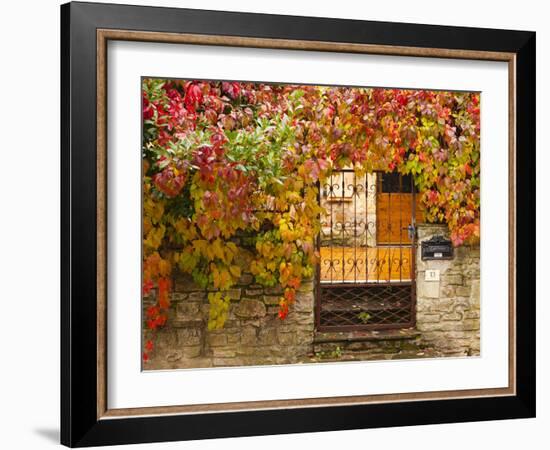 France, Midi-Pyrenees Region, Tarn Department, Cordes-Sur-Ciel, Gate with Autumn Foliage-Walter Bibikow-Framed Photographic Print