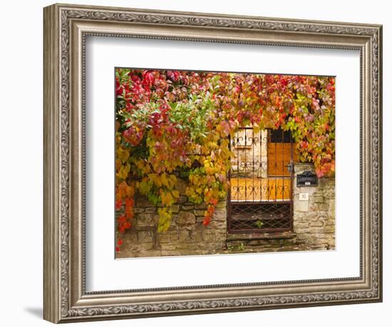 France, Midi-Pyrenees Region, Tarn Department, Cordes-Sur-Ciel, Gate with Autumn Foliage-Walter Bibikow-Framed Photographic Print