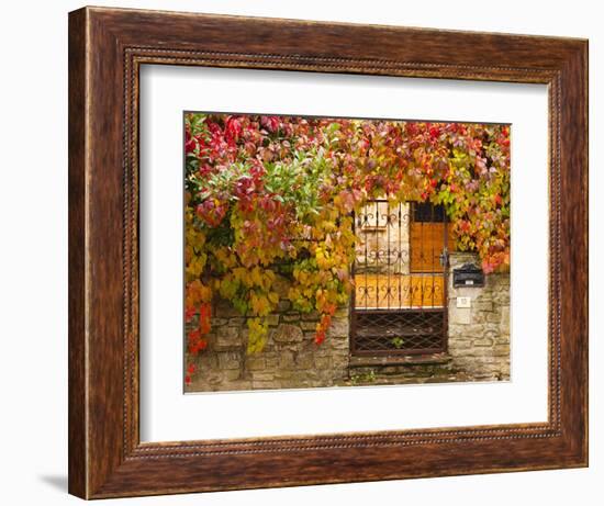 France, Midi-Pyrenees Region, Tarn Department, Cordes-Sur-Ciel, Gate with Autumn Foliage-Walter Bibikow-Framed Photographic Print