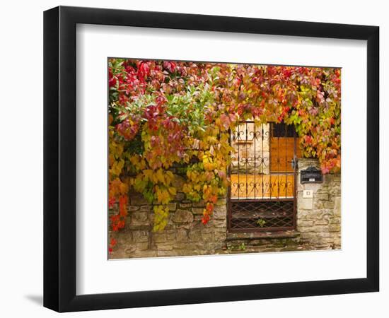 France, Midi-Pyrenees Region, Tarn Department, Cordes-Sur-Ciel, Gate with Autumn Foliage-Walter Bibikow-Framed Photographic Print