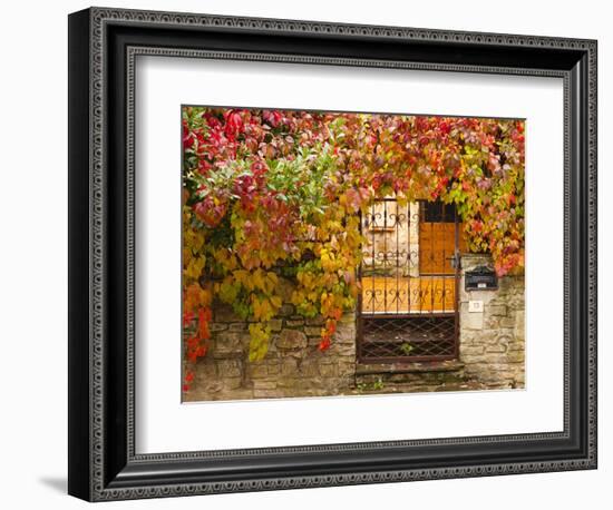 France, Midi-Pyrenees Region, Tarn Department, Cordes-Sur-Ciel, Gate with Autumn Foliage-Walter Bibikow-Framed Photographic Print