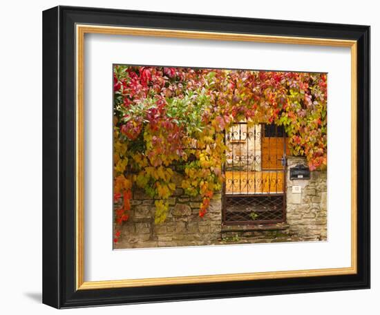 France, Midi-Pyrenees Region, Tarn Department, Cordes-Sur-Ciel, Gate with Autumn Foliage-Walter Bibikow-Framed Photographic Print