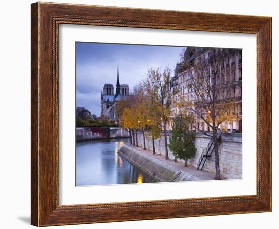 France, Paris, Cathedral Notre Dame Cathedral and Ile St-Louis, Dawn-Walter Bibikow-Framed Photographic Print