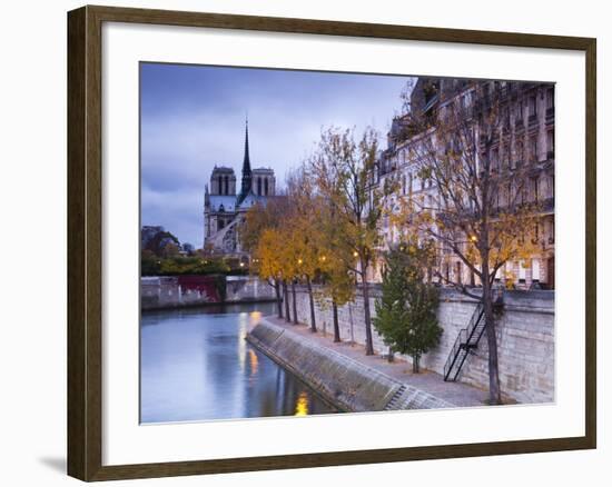 France, Paris, Cathedral Notre Dame Cathedral and Ile St-Louis, Dawn-Walter Bibikow-Framed Photographic Print