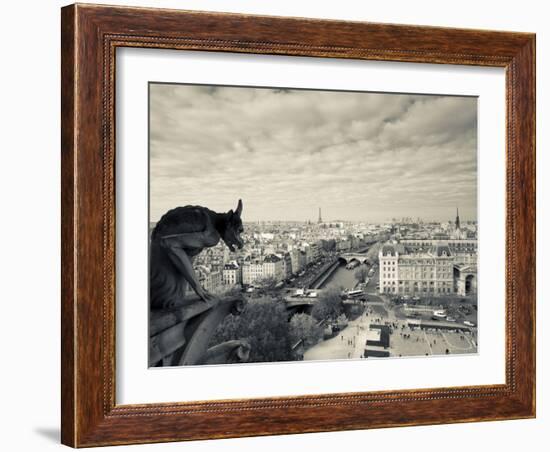 France, Paris, View from the Cathedrale Notre Dame Cathedral with Gargoyles-Walter Bibikow-Framed Photographic Print