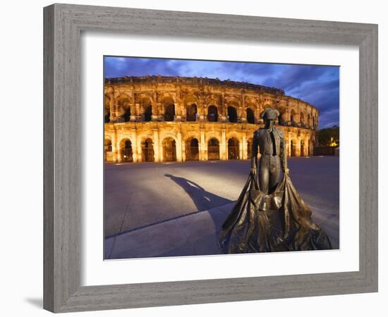 France, Provence, Nimes, Roman Ampitheatre, Toreador Statue at Dusk-Shaun Egan-Framed Photographic Print