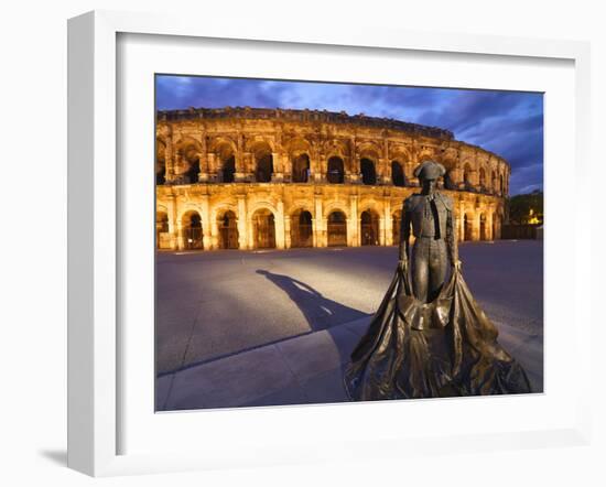 France, Provence, Nimes, Roman Ampitheatre, Toreador Statue at Dusk-Shaun Egan-Framed Photographic Print