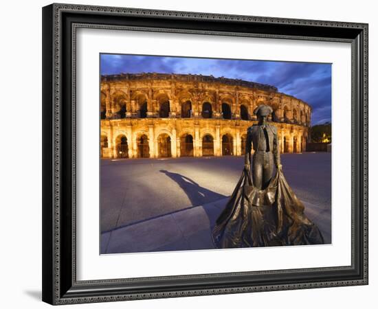 France, Provence, Nimes, Roman Ampitheatre, Toreador Statue at Dusk-Shaun Egan-Framed Photographic Print