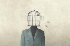 man with open birdcage over his head, surreal freedom concept-Francesco Chiesa-Framed Stretched Canvas