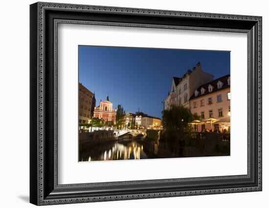 Franciscan Church of the Annunciation and Triple Bridge over the Ljubljanica River at dusk, Ljublja-Sergio Pitamitz-Framed Photographic Print