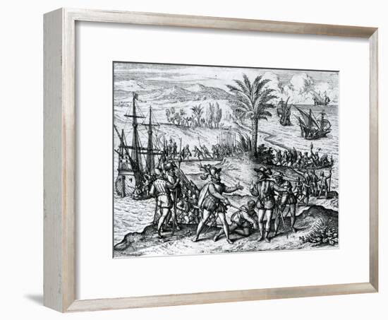 Francisco De Bobadilla Arriving as Governor and Arresting Christopher Columbus (1451-1506) in Hispa-Theodore de Bry-Framed Giclee Print