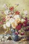 Roses and Other Flowers in a Blue and White Vase and a Teacup on a Ledge, 1876-Francois Rivoire-Giclee Print