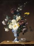 Roses and Other Flowers in a Blue and White Vase and a Teacup on a Ledge, 1876-Francois Rivoire-Giclee Print